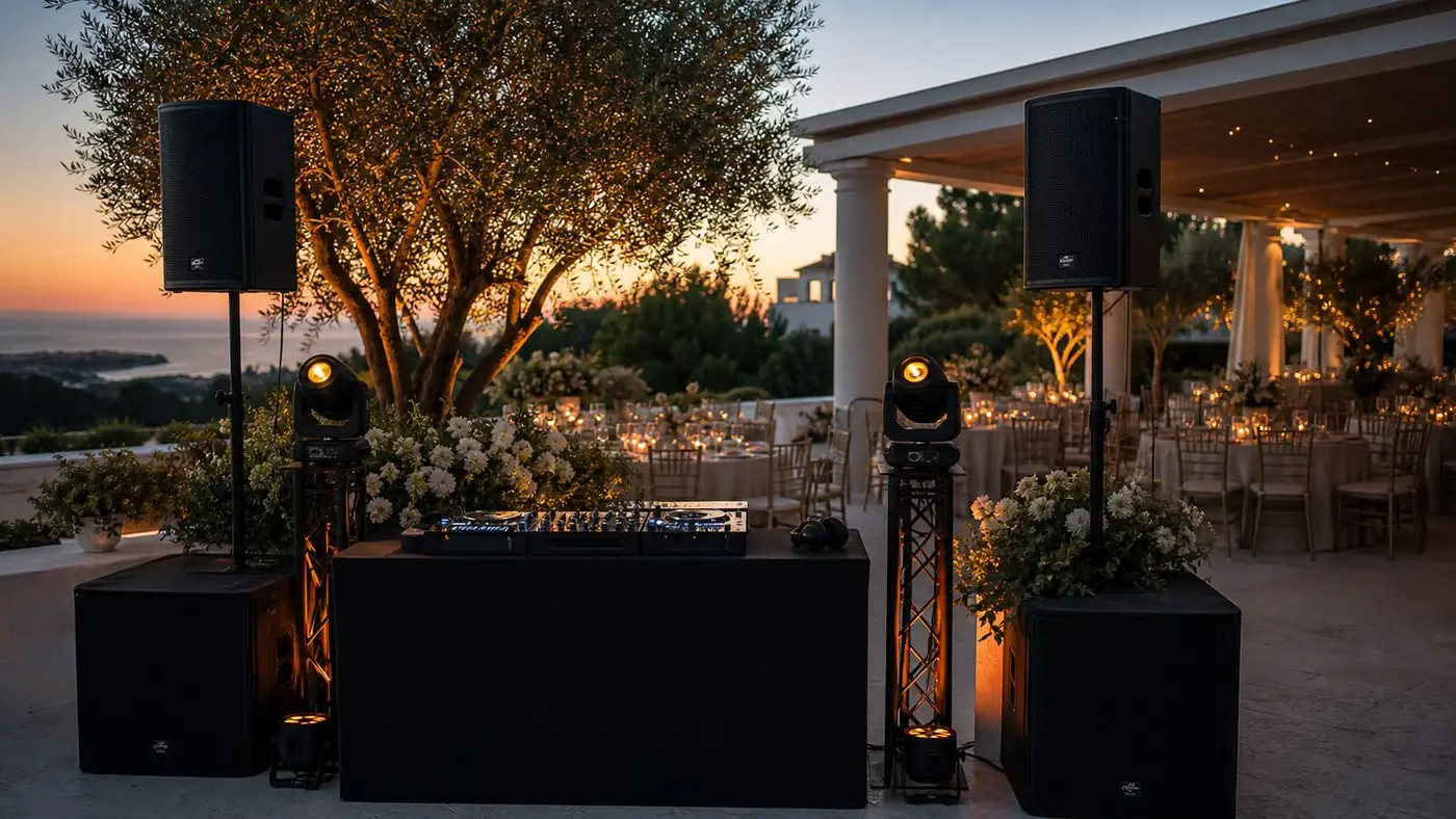 Setup completo de som e iluminação preparado para casamento